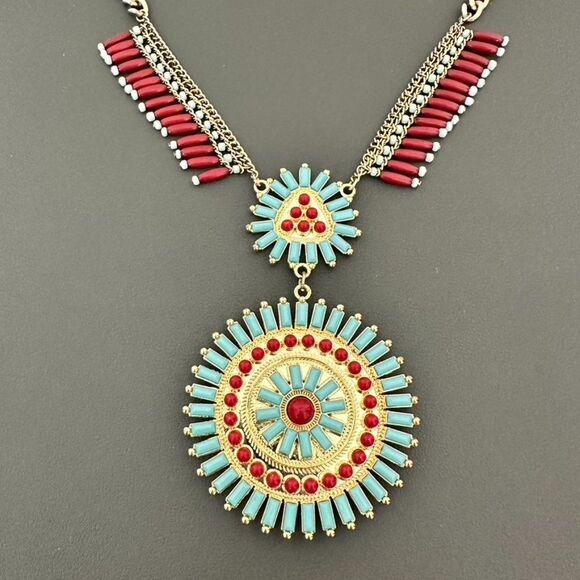 Chaps Boho Fringe Medallion Statement Faux Turquoise & Coral Necklace - Picture 2 of 6
